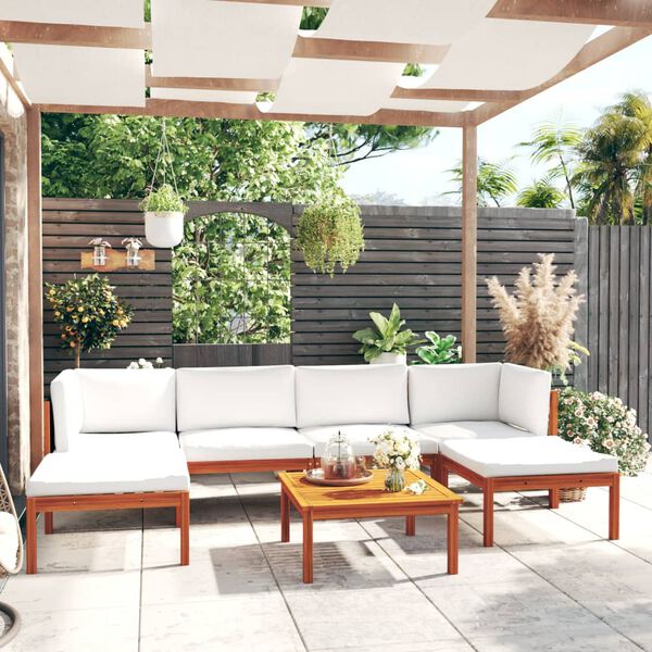 vidaXL Salon de jardin 7 pi&egrave;ces avec coussins, bois d'acacia cr&egrave;me et corde