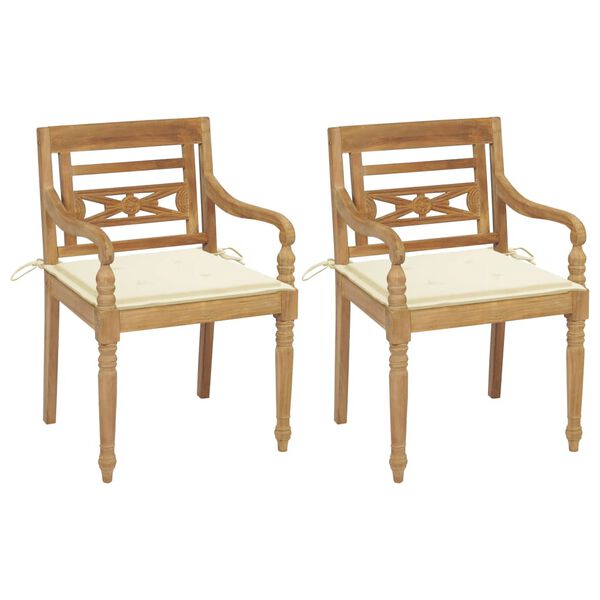 vidaXL Chaises Batavia lot de 2 et coussins cr&egrave;me Bois de teck massif