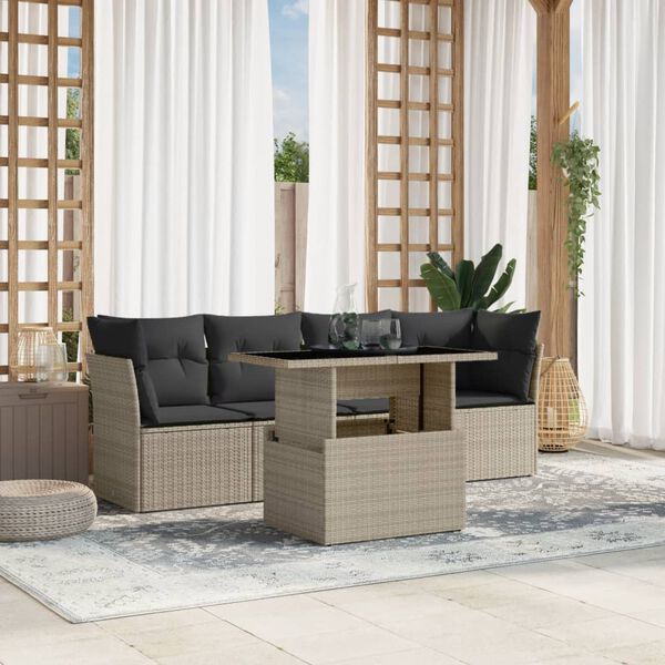 vidaXL Salon de jardin 5 pcs avec coussins gris clair r&eacute;sine tress&eacute;e