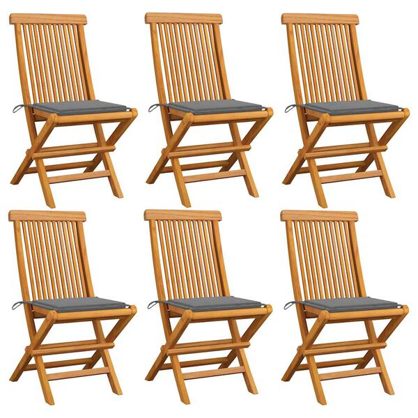 vidaXL Chaises de jardin et coussins gris lot de 6 Bois de teck massif