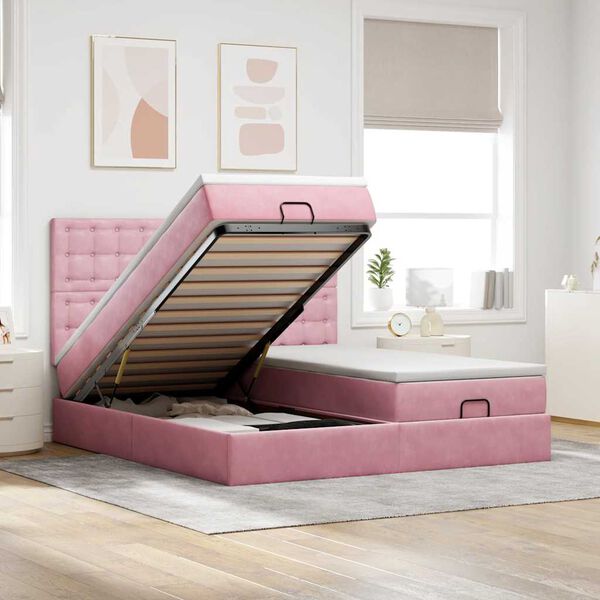 vidaXL Cadre de lit ottoman avec matelas rose 160x200 cm velours