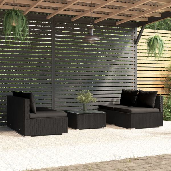vidaXL Salon de jardin 5 pcs avec coussins r&eacute;sine tress&eacute;e noir