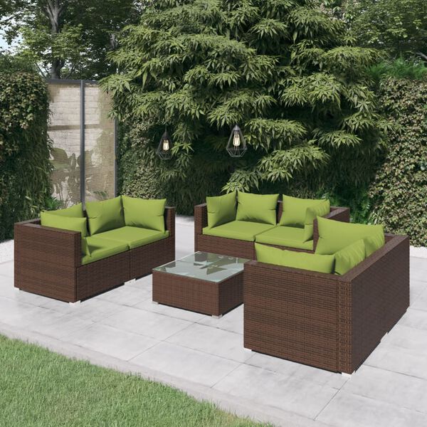 vidaXL Salon de jardin 7 pcs avec coussins Résine tressée Marron