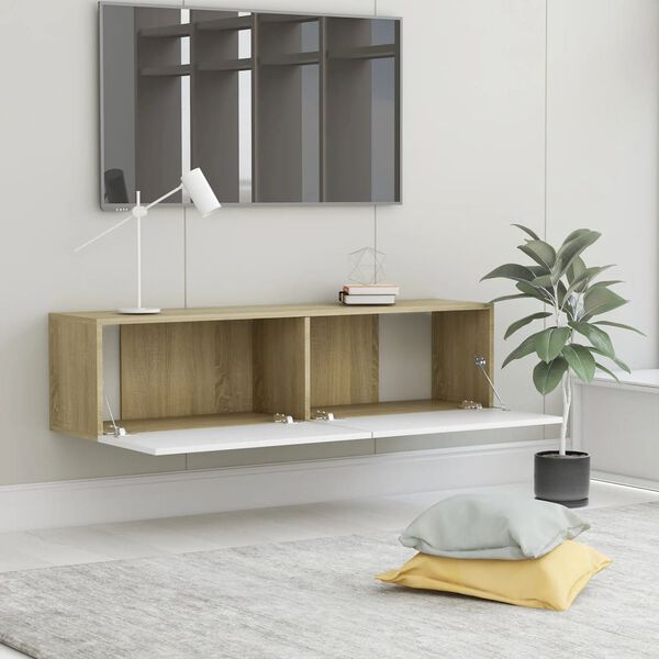 vidaXL Meuble TV Blanc et ch&ecirc;ne sonoma 120x30x30 cm Bois d&rsquo;ing&eacute;nierie