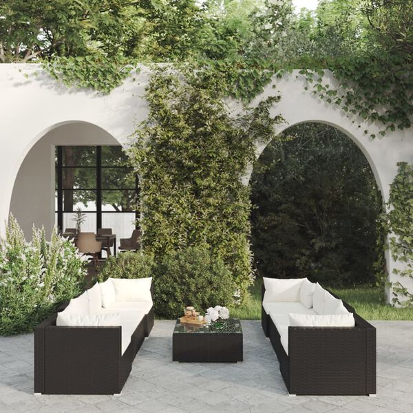 vidaXL Salon de jardin 9 pcs avec coussins R&eacute;sine tress&eacute;e Noir