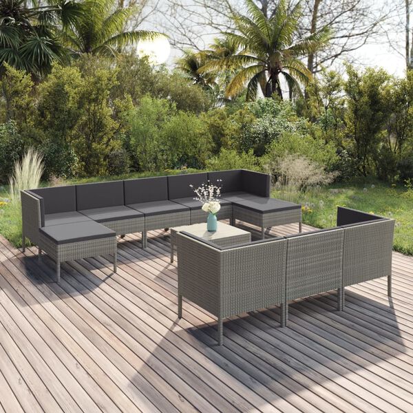 vidaXL Salon de jardin 11 pcs avec coussins R&eacute;sine tress&eacute;e Gris