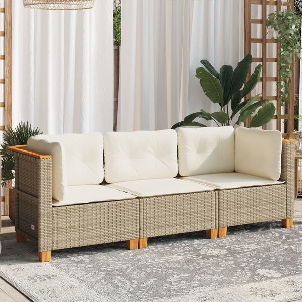 vidaXL Canap&eacute; de jardin avec coussins 3 places beige r&eacute;sine tress&eacute;e