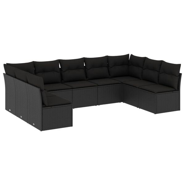 vidaXL Salon de jardin 9 pcs avec coussins noir résine tressée