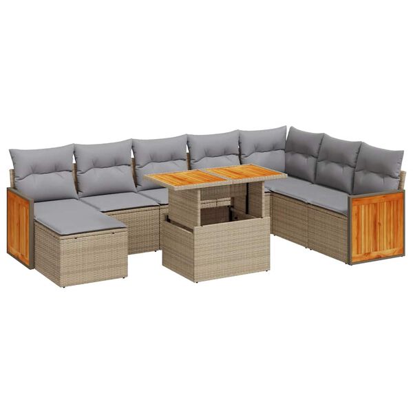 vidaXL Salon de jardin avec coussins 9 pcs beige r&eacute;sine tress&eacute;e acacia
