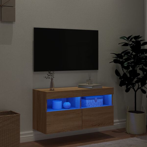 vidaXL Meuble TV mural avec lumi&egrave;res LED ch&ecirc;ne sonoma 80x30x40 cm