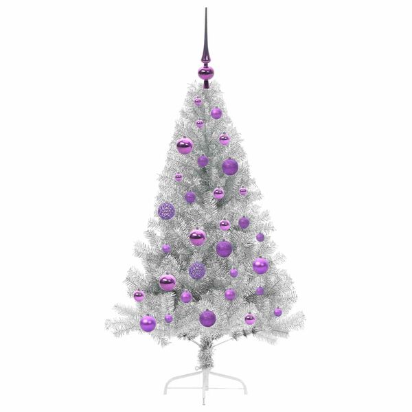 vidaXL Sapin de No&euml;l artificiel pr&eacute;-&eacute;clair&eacute; Argent 120 cm PET