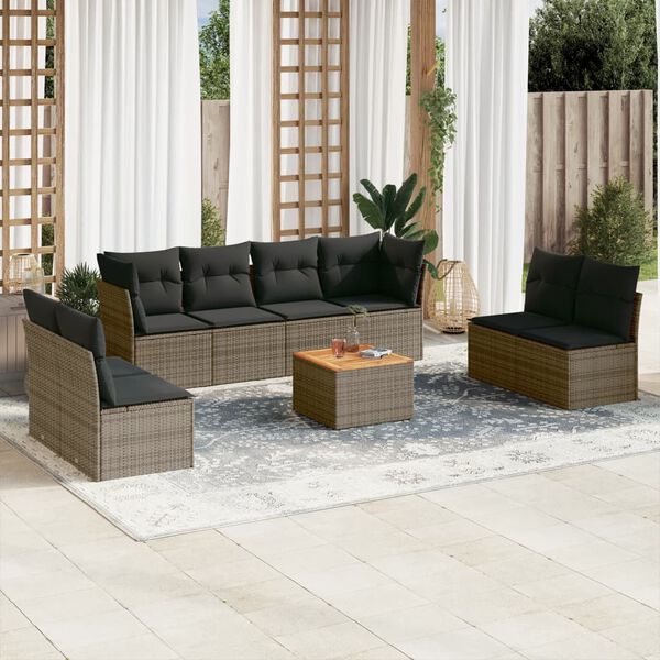 vidaXL Salon de jardin 9 pcs avec coussins gris r&eacute;sine tress&eacute;e