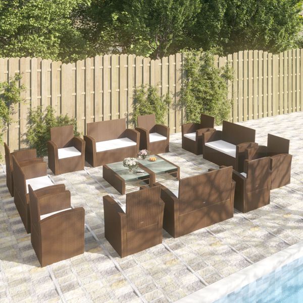vidaXL Salon de jardin 16 pcs avec coussins R&eacute;sine tress&eacute;e Marron