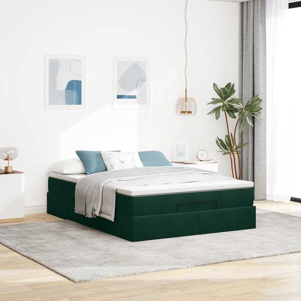 vidaXL Cadre de lit ottoman avec matelas vert fonc&eacute; 140x190 cm velours