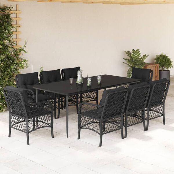 vidaXL Ensemble &agrave; manger de jardin 9pcs coussins noir r&eacute;sine tress&eacute;e