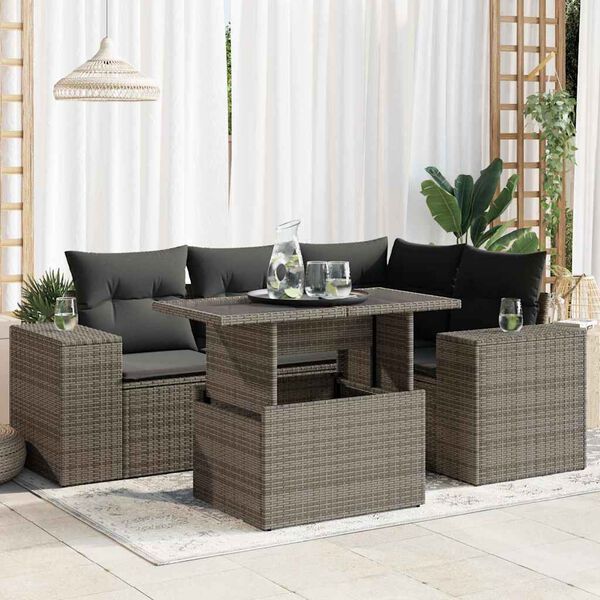 vidaXL Salon de jardin 5 pcs avec coussins gris r&eacute;sine tress&eacute;e