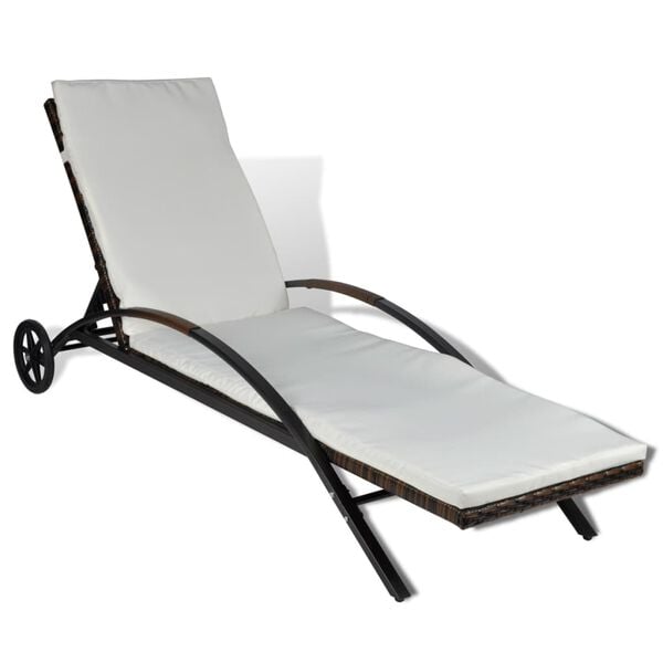 vidaXL Chaise longue avec coussin et roues R&eacute;sine tress&eacute;e Marron