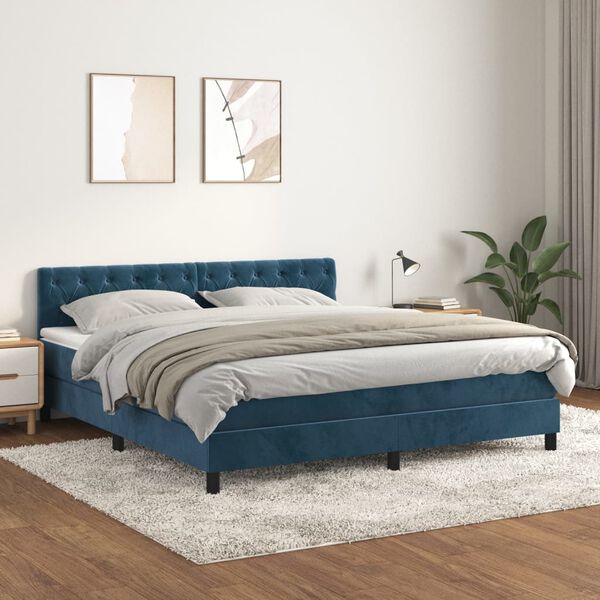 vidaXL Sommier &agrave; lattes de lit et matelas Bleu fonc&eacute; 160x200cm Velours