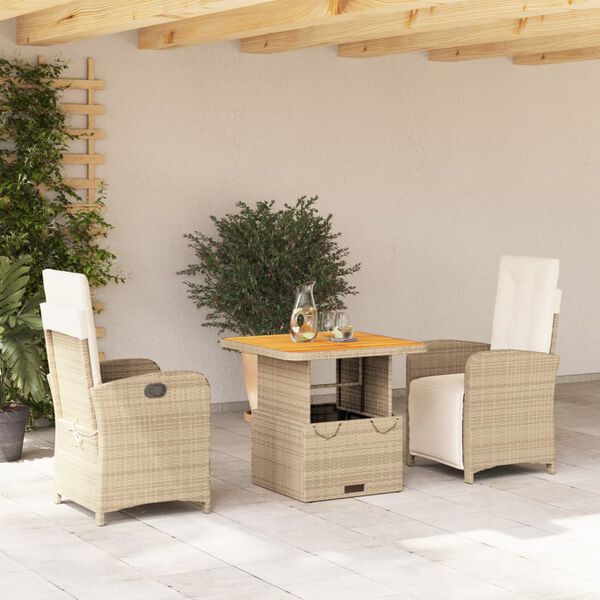 vidaXL Ensemble &agrave; manger de jardin et coussins 3 pcs Beige poly rotin