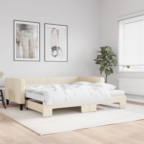 vidaXL Lit de jour avec gigogne et matelas cr&egrave;me 100x200 cm tissu