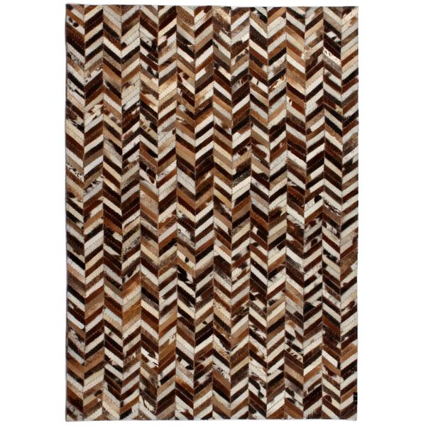 vidaXL Tapis Cuir v&eacute;ritable Patchwork 80 x 150 cm Chevron Marron/Blanc