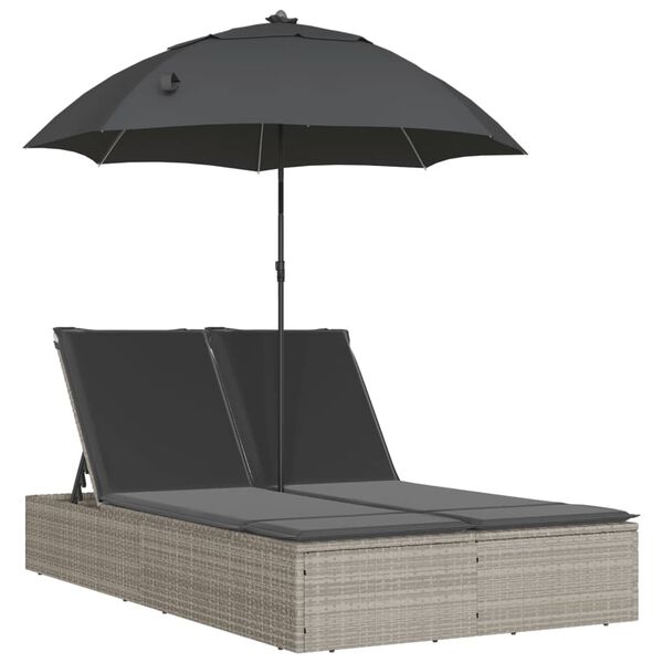 vidaXL Chaise longue double avec coussins et parasol gris clair rotin