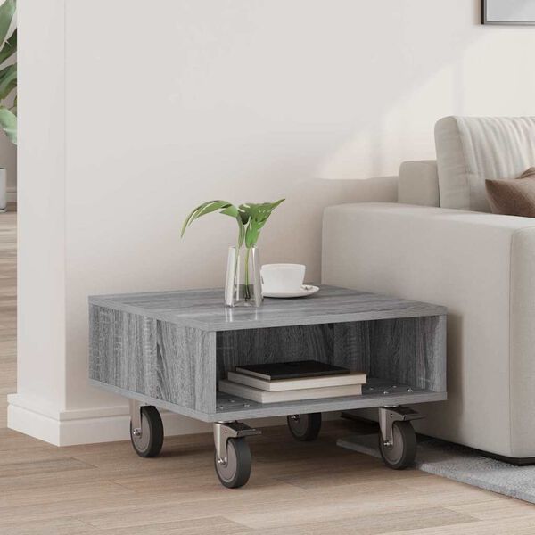 vidaXL Table d'appoint avec roues Gris Sonoma 50 x 50 x 30 cm