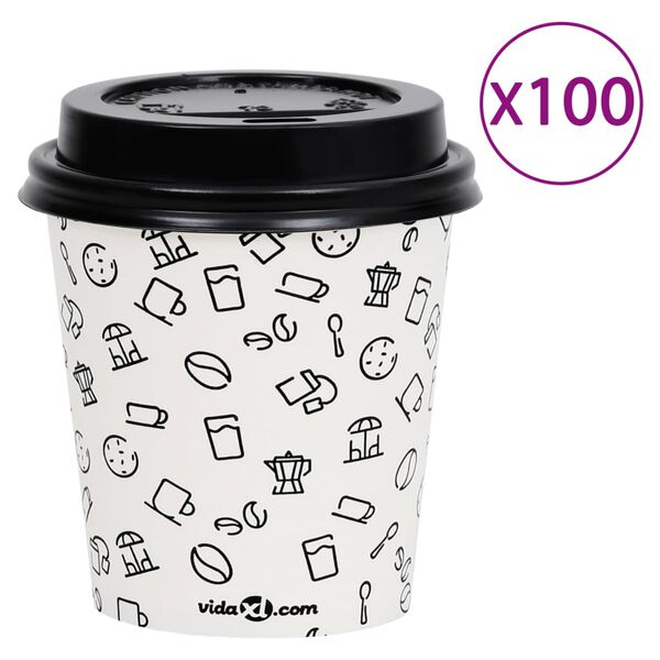 vidaXL Tasses &agrave; caf&eacute; en papier et couvercles 200 ml 100 pcs Blanc/noir