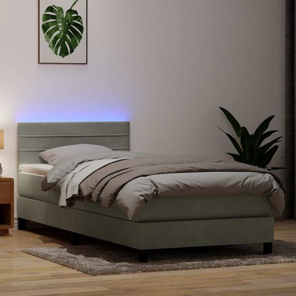 vidaXL Sommier &agrave; lattes de lit et matelas et LED gris clair 90x220 cm velours