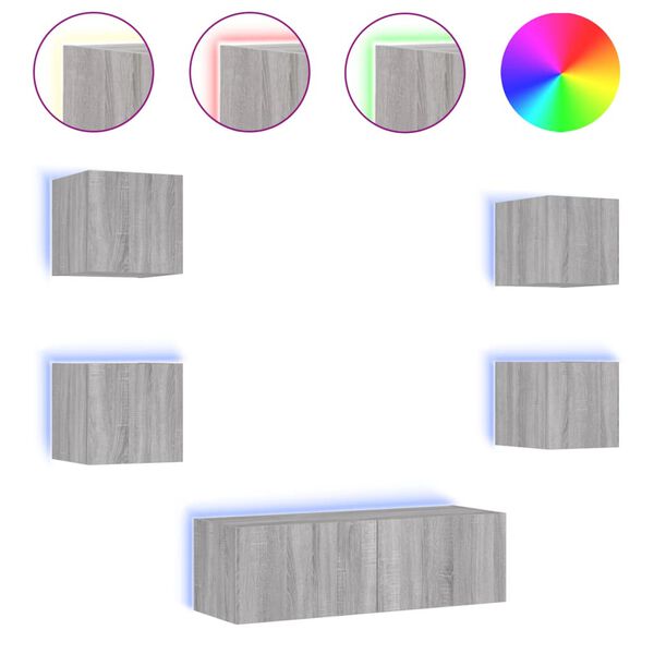 vidaXL Meuble TV muraux 5 pcs avec lumi&egrave;res LED sonoma gris