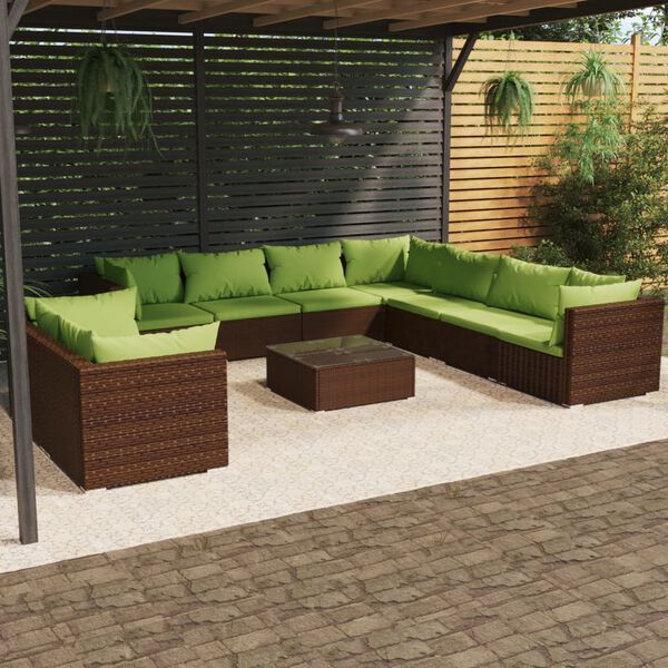 vidaXL Salon de jardin 10 pcs avec coussins marron r&eacute;sine tress&eacute;e