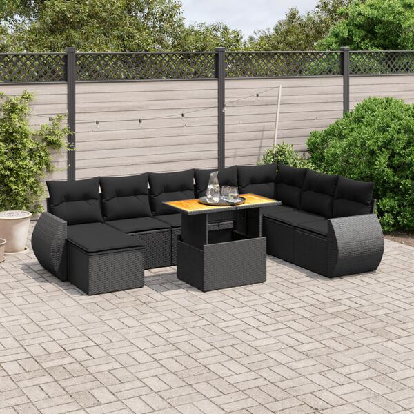 vidaXL Salon de jardin 9 pcs avec coussins noir r&eacute;sine tress&eacute;e