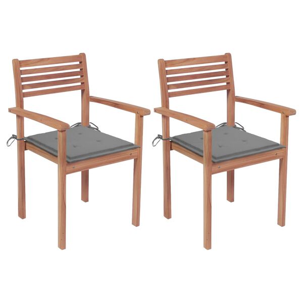 vidaXL Chaises de jardin lot de 2 et coussins gris Bois de teck massif