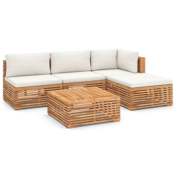 vidaXL Salon de jardin 5 pcs avec coussins cr&egrave;me Bois de teck solide