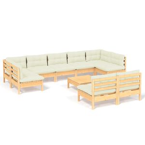 vidaXL Salon de jardin 10 pcs avec coussins cr&egrave;me bois de pin massif