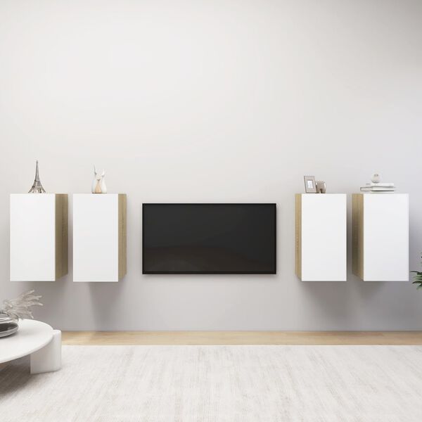 vidaXL Meubles TV 4 pcs Blanc et chêne sonoma Bois d'ingénierie