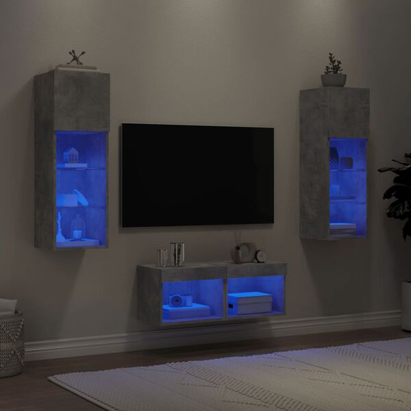 vidaXL Meuble TV muraux 4 pcs avec lumi&egrave;res LED gris b&eacute;ton
