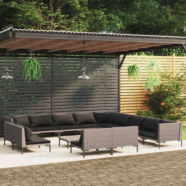 vidaXL Salon de jardin 14 pcs avec coussins R&eacute;sine tress&eacute;e Gris fonc&eacute;