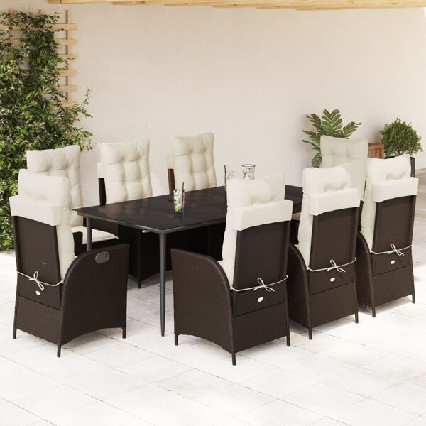 vidaXL Ensemble &agrave; manger de jardin et coussins 9 pcs marron poly rotin