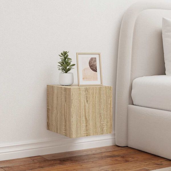 vidaXL Meuble TV mural avec lumi&egrave;res LED ch&ecirc;ne sonoma 30,5x35x30 cm