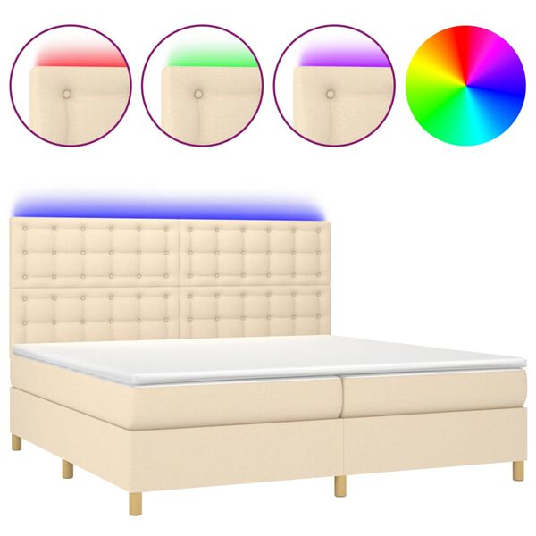 vidaXL Sommier &agrave; lattes de lit et matelas et LED Cr&egrave;me 200x200cm Tissu