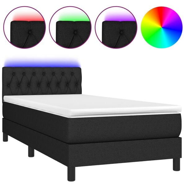 vidaXL Sommier &agrave; lattes de lit avec matelas et LED Noir 90x200cm Tissu