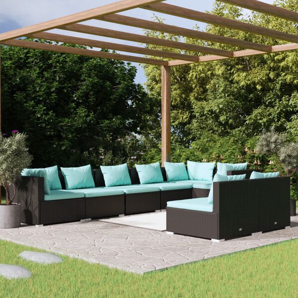 vidaXL Salon de jardin 8 pcs avec coussins Noir R&eacute;sine tress&eacute;e
