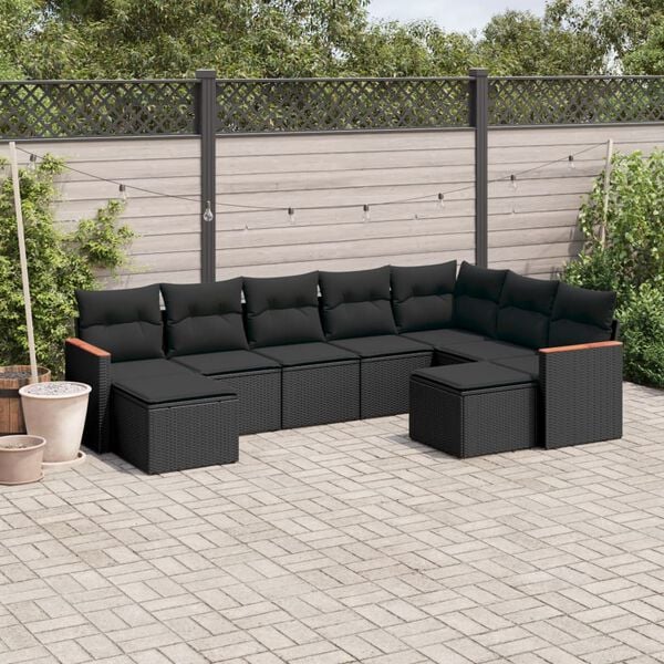vidaXL Salon de jardin 9 pcs avec coussins noir r&eacute;sine tress&eacute;e