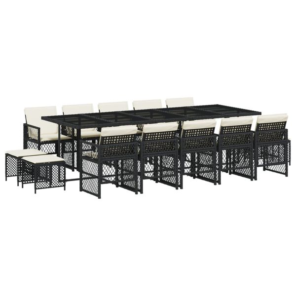 vidaXL Ensemble &agrave; manger de jardin 15 pcs coussins noir r&eacute;sine tress&eacute;e
