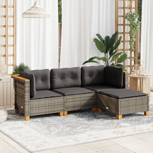 vidaXL Salon de jardin 4 pcs avec coussins gris r&eacute;sine tress&eacute;e