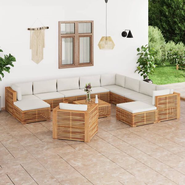 vidaXL Salon de jardin 12 pcs avec coussin cr&egrave;me bois de teck solide