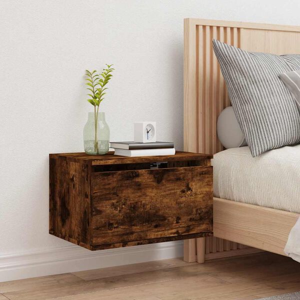 vidaXL Table de chevet murale avec lumi&egrave;res LED ch&ecirc;ne fum&eacute;