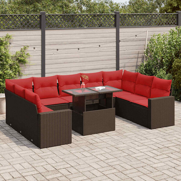vidaXL Salon de jardin 10 pcs et coussins marron résine tressée acacia