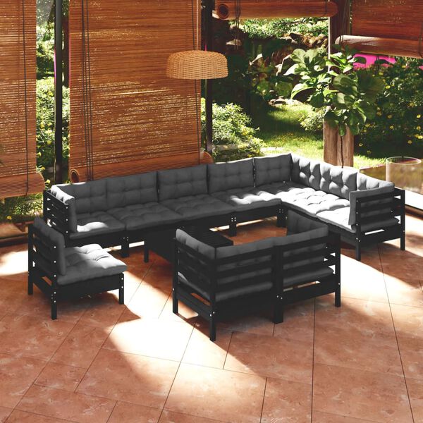 vidaXL Salon de jardin 11 pcs avec coussins Noir Bois de pin solide